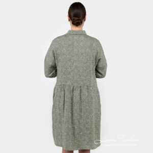 moss green linen dress from backside.