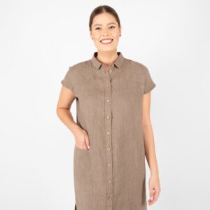 brown linen dress, short sleeves