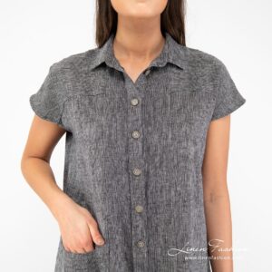 GINA black linen dress buttons and collar