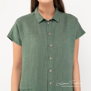 Green linen dress collar and buttons