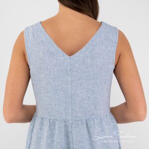 Blue linen dress back side V-neck