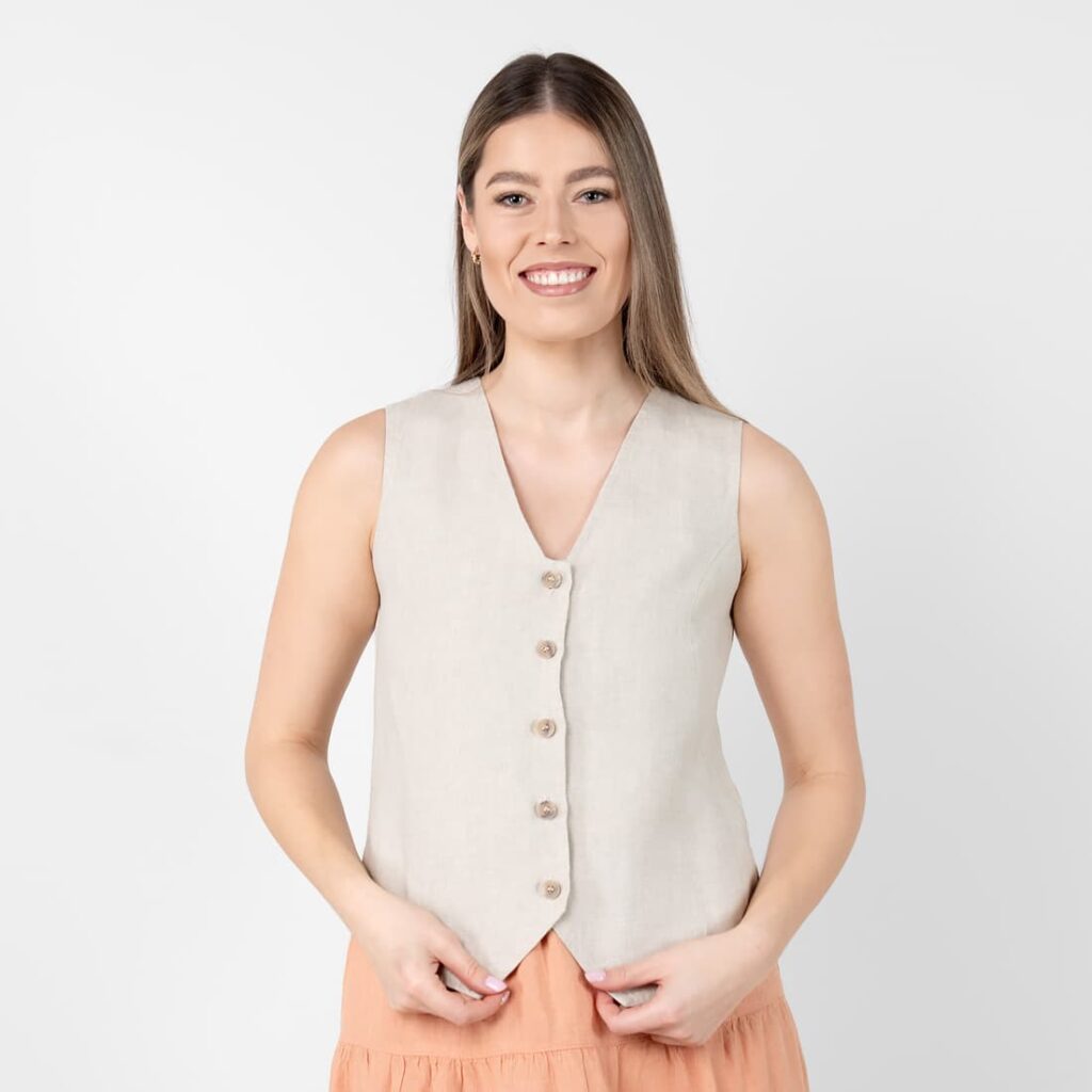 Linen vest beige with buttons, V-neckline