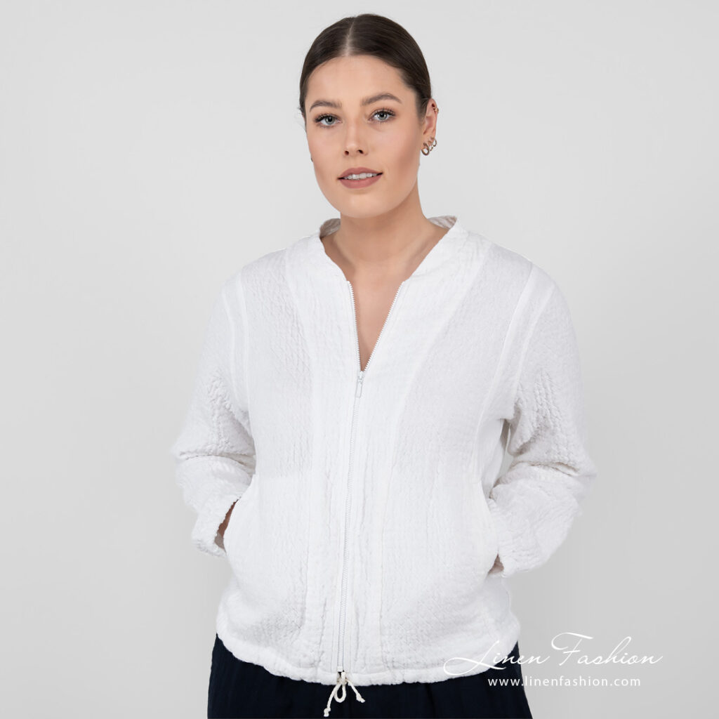 linen white bomber jacket.