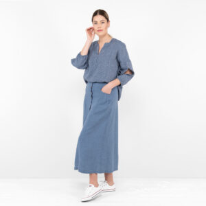 blue long linen skirt, full view.