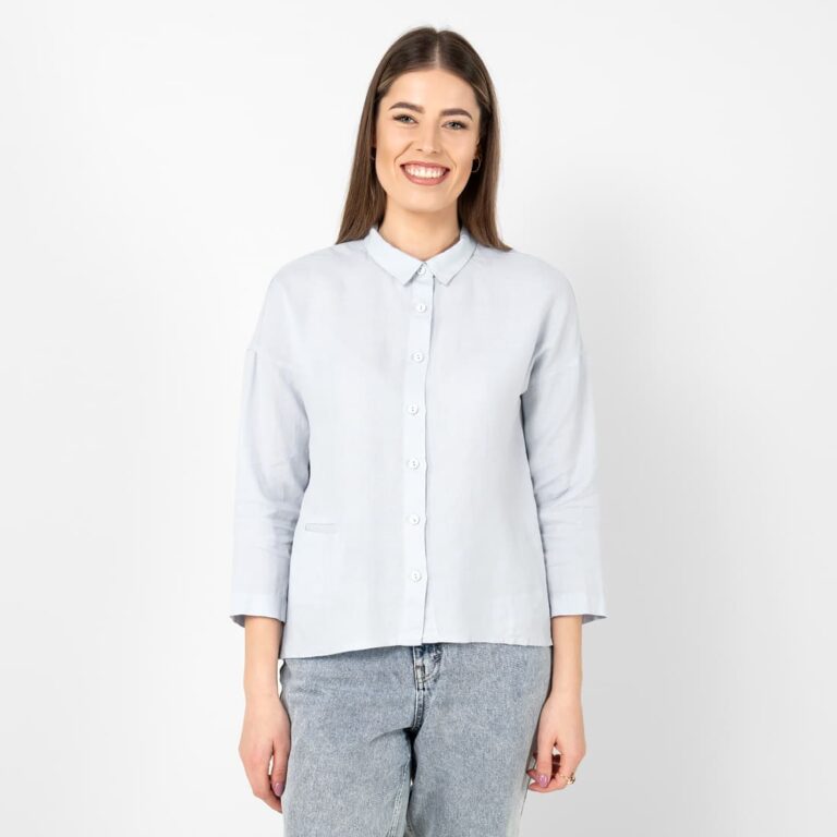 grey blue linen shirt blouse, 3/4 sleeves