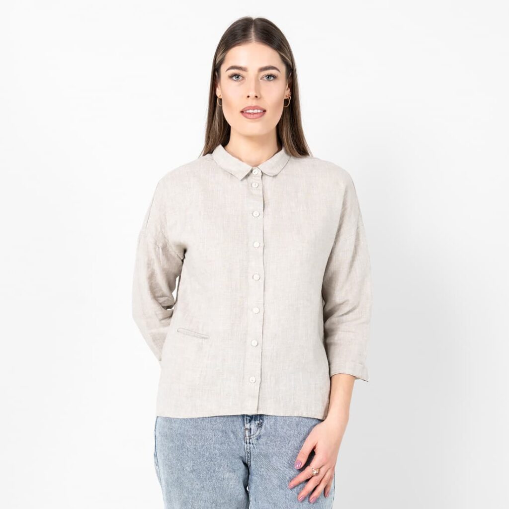 Beige linen shirt blouse, 3/4 sleeves