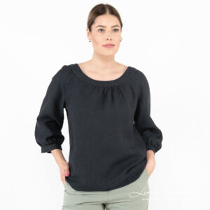 navy linen blouse with 3/4 sleeves.