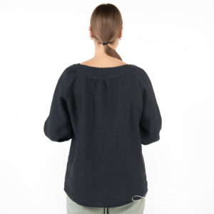 navy linen blouse, from back side.