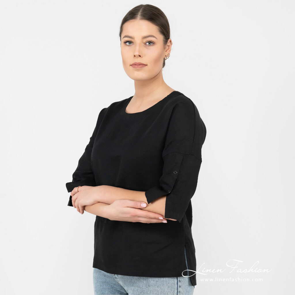 black linen blouse with slits on sides.