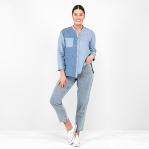 linen blue blouse in full view.