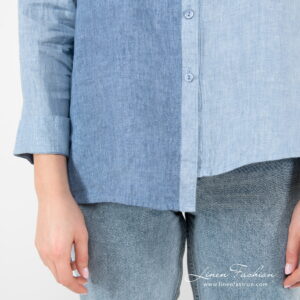 linen blue blouse, asymmetrical bottom.