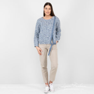 Linen cotton blue flower blouse in full view.