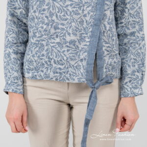 Linen cotton blue flower blouse with ribbon at bottom.