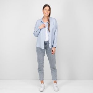 light blue linen shirt blouse with pants
