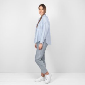 light blue linen shirt blouse; long sleeves