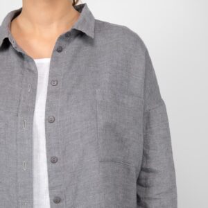 grey linen blouse shirt; buttons&pocket