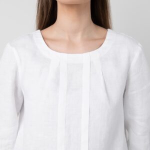 White linen blouse with pleats, round neckline