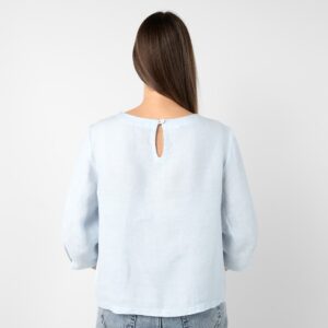 Light blue linen blouse, button closure on back