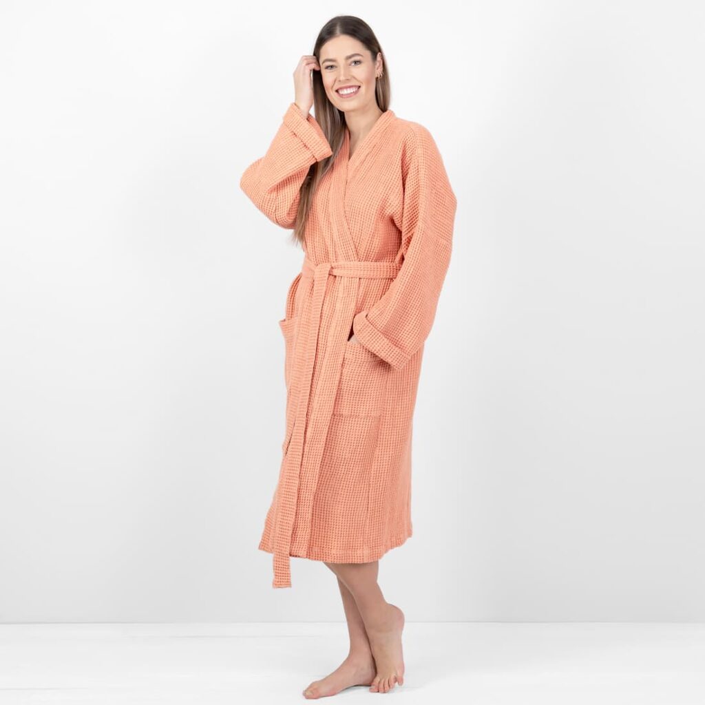 BINGO Badekåpe fersken 2 linen cotton peach bathrobe, waffle structure.