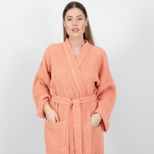 BINGO Badekåpe fersken 9 linen cotton peach bathrobe front side.