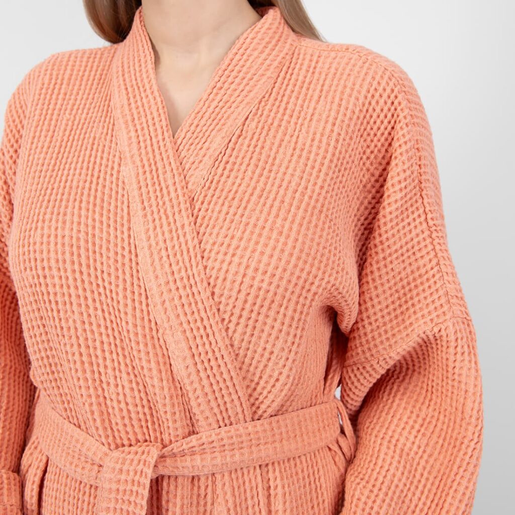 BINGO Badekåpe fersken 5 linen cotton peach bathrobe, simple collar.