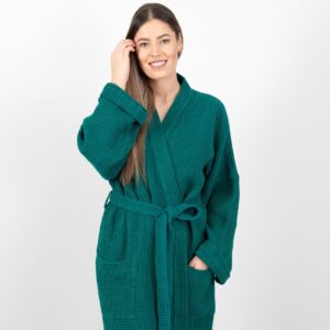 linen cotton emerald bathrobe, 2 pockets.