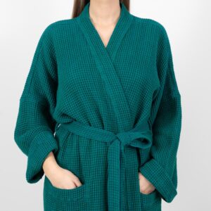 linen cotton emerald bathrobe, simple collar and belt.