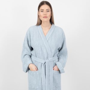 linen cotton blue grey bathrobe with pockets.
