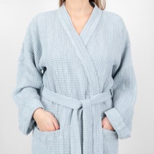 linen cotton blue grey bathrobe with simple collar, belt.