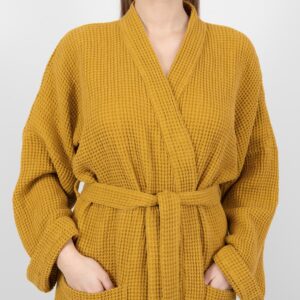 linen cotton mustard bathrobe with simple colar and belt.
