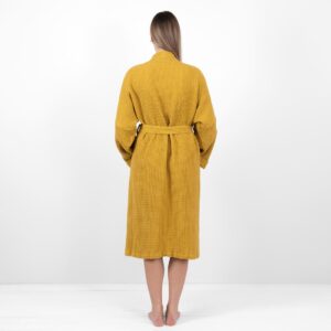 linen cotton mustard bathrobe from backside.