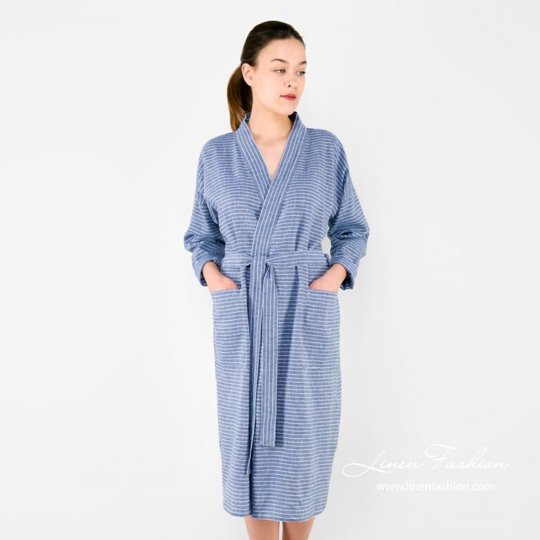 MARY blue striped linen women's robe