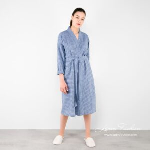 Linen womens bathrobe in blue color.