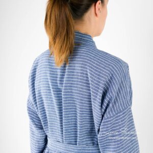 Linen womens bathrobe in blue with stripes.