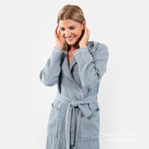 Blue linen-cotton womens bathrobe with fringes.
