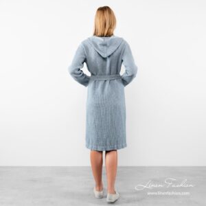 Blue colored bathrobe with fringes for women, linen-cotton.