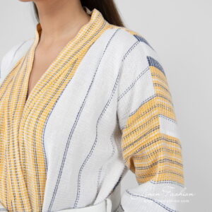 KORA Badekåpe hvitstripet 10 striped bathrobe linen cotton, yellow blue stripes.