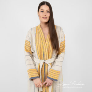 KORA Badekåpe beige stripete 9 linen cotton beige striped bathrobe, washed.