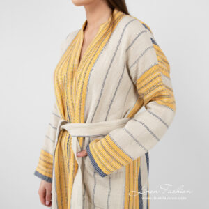 KORA Badekåpe beige stripete 10 linen cotton beige striped bathrobe, long sleeves.