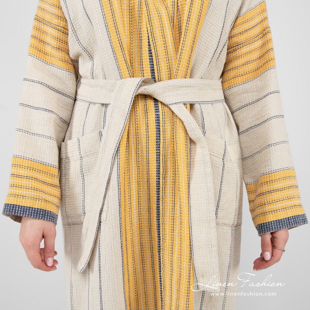 KORA Badekåpe beige stripete 6 linen cotton beige striped bathrobe pockets.