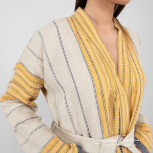 KORA Badekåpe beige stripete 11 linen cotton beige striped bathrobe yellow blue.
