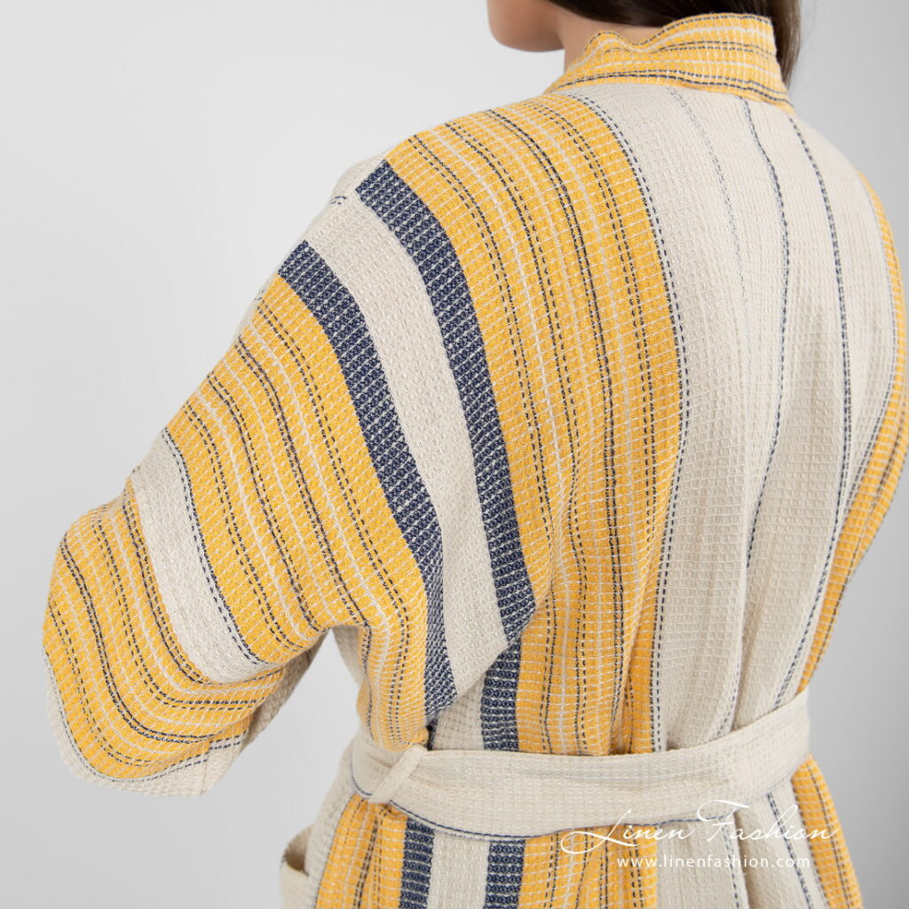 KORA Badekåpe beige stripete 5 linen cotton beige striped bathrobe, waffle design.
