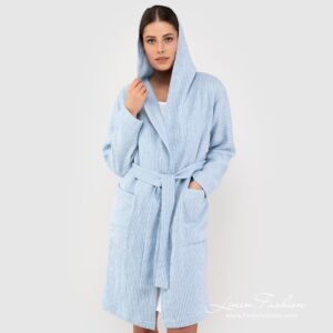 AIRA Badekåpe med hette blå 6 AIRA blue linen cotton bathrobe with hoodie