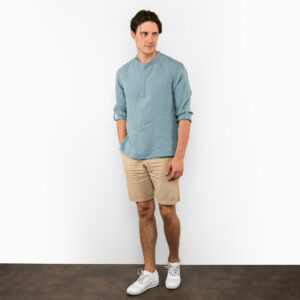 Aqua-blue linen men's shirt, adjustable length sleeves