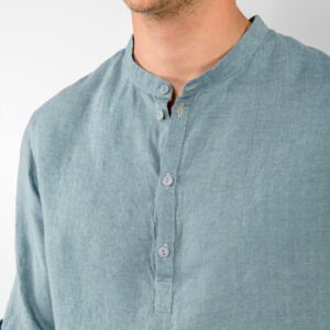 Aqua-blue linen men's shirt, banded collar