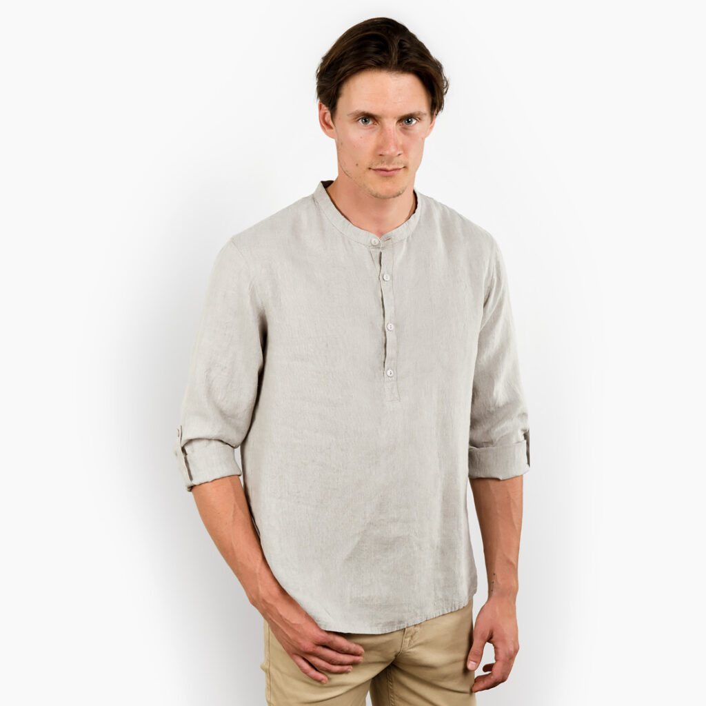 Grey men's linen shirt, front view