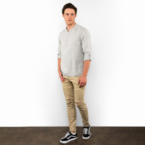 Grey men's linen shirt, adjustable length sleeves