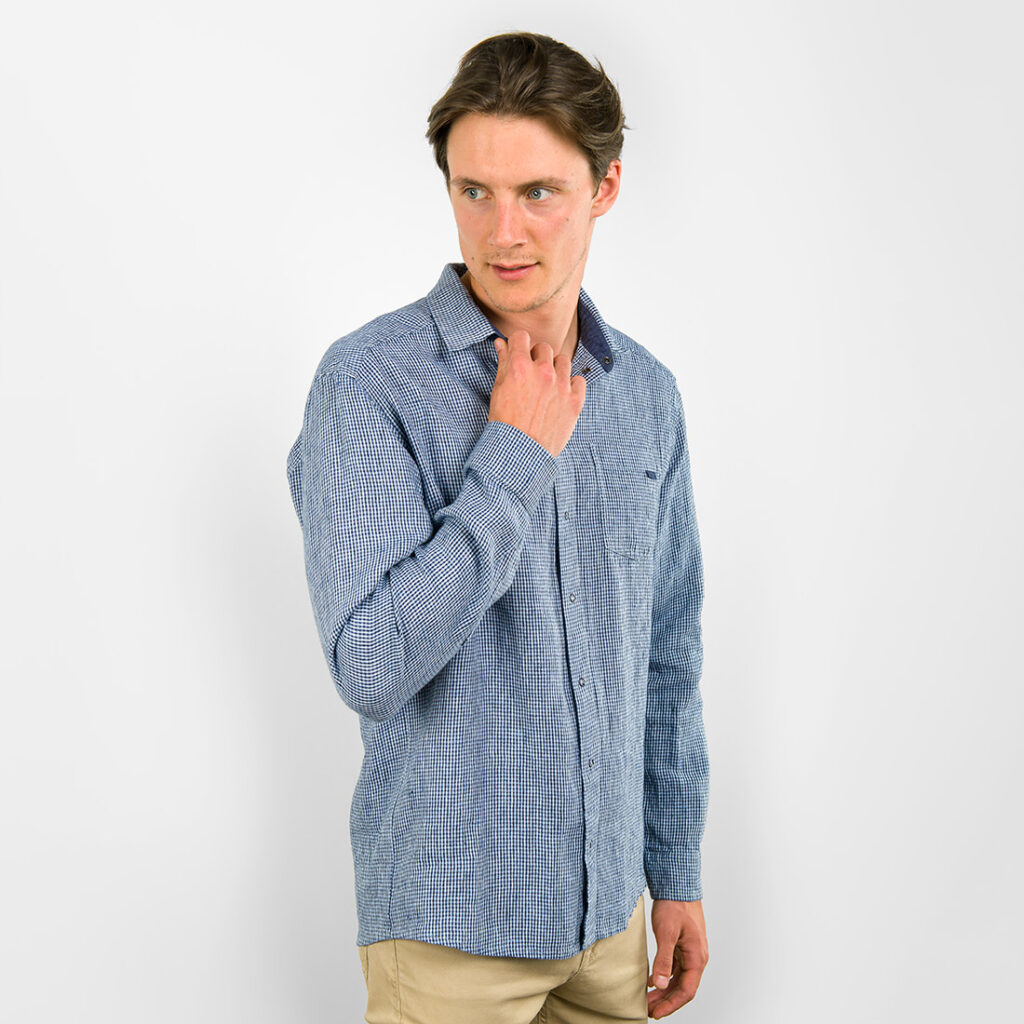 Checked blue linen men's shirt