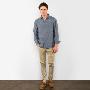 Dark blue linen men's shirt, full view