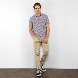 blue-violet checked linen men's shirt, full view